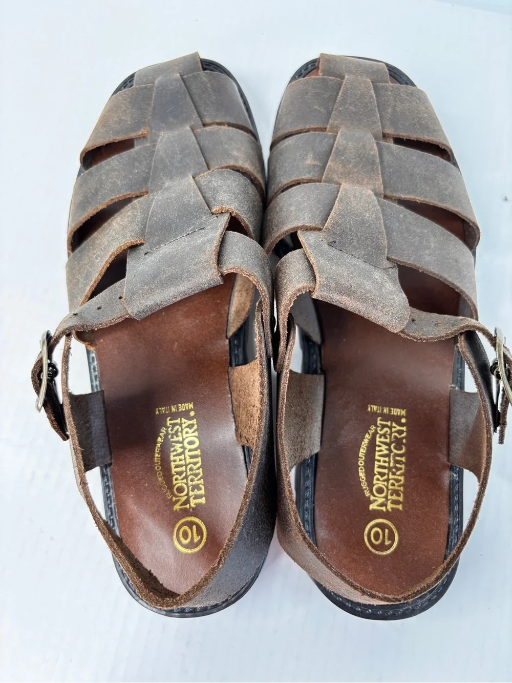 Northwest Territory Brown Leather Fisherman Sandals Mens Sz 10 Woven Rugged Sole